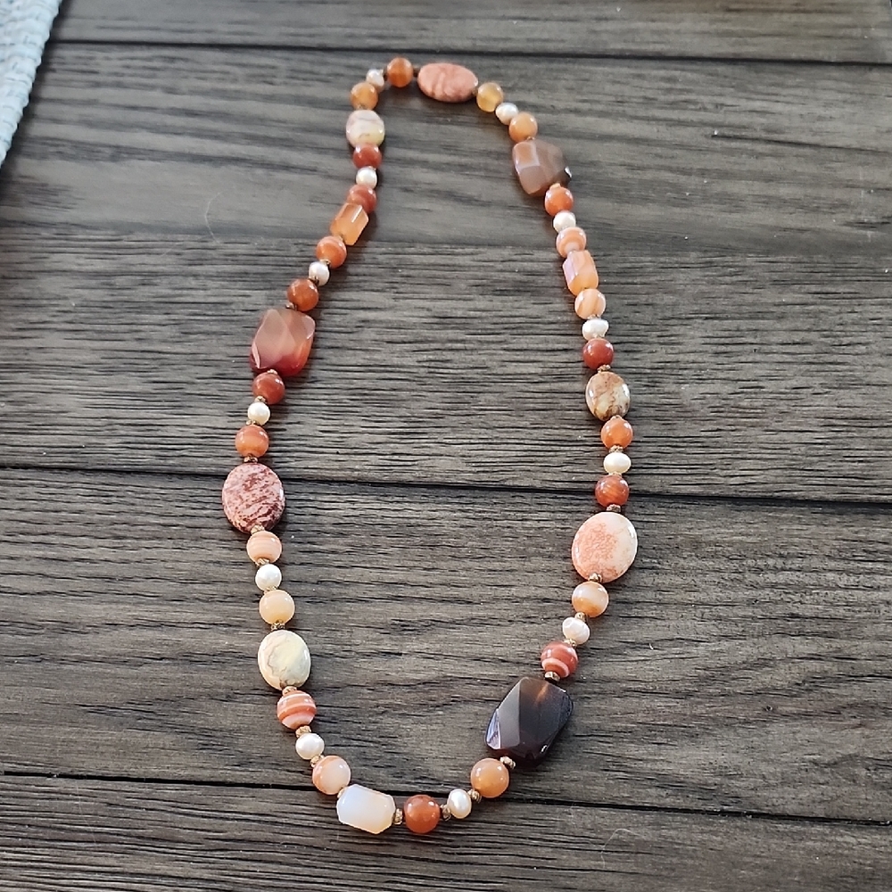 Elegant Multi-Gemstone 22" Necklace Carnelian & Jasper Handmade Shades of Corals